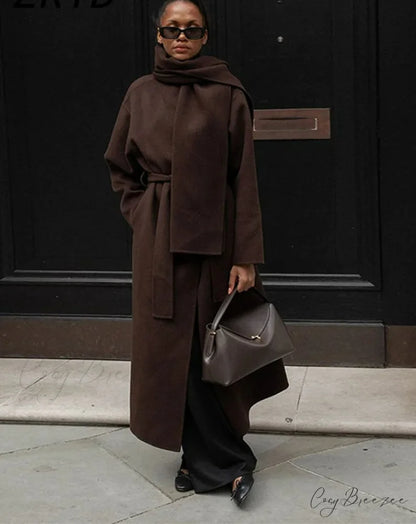 Womens Scarf Collar Woolen Belted Coat overcoats-241228