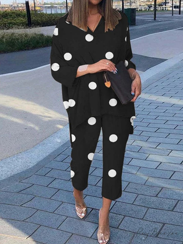 Women’s - Set Vintage Arm Long Pants Flowered Warm-Season Design and Blouse Outfit Black / S