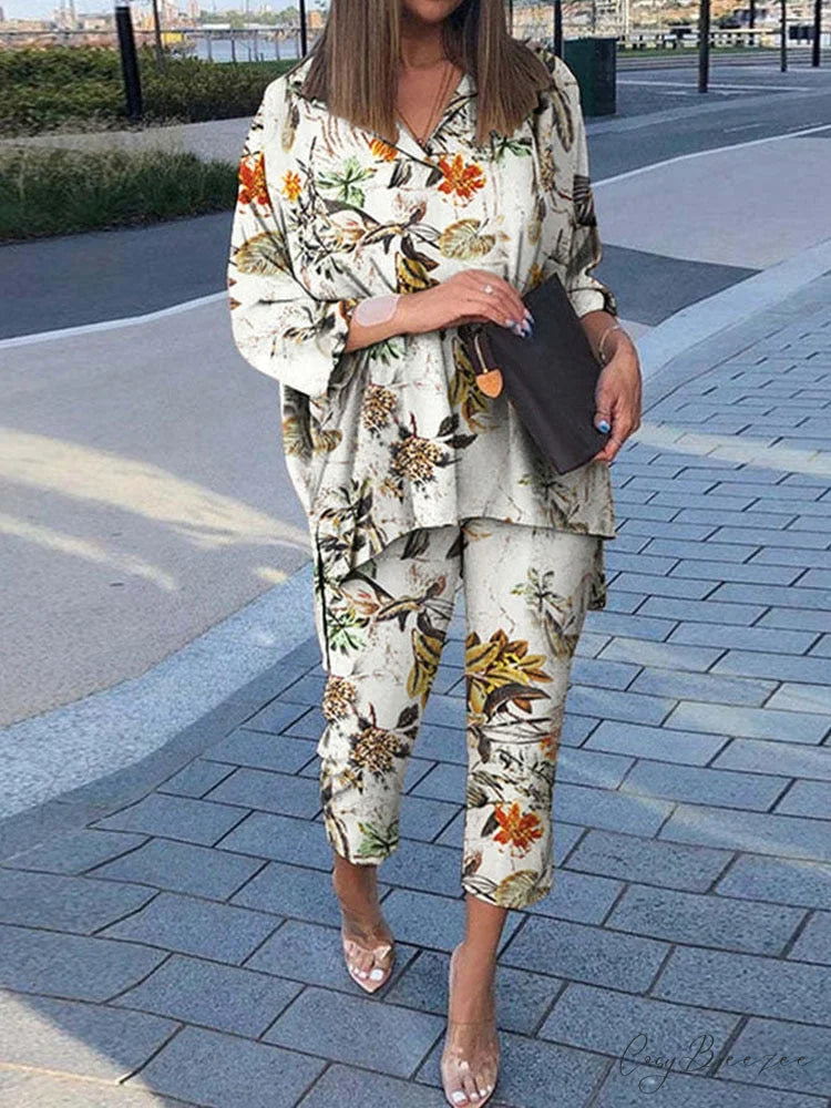 Women’s - Set Vintage Arm Long Pants Flowered Warm-Season Design and Blouse Outfit Khaki / S