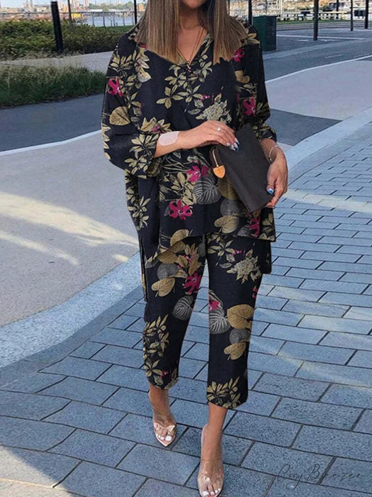 Women’s - Set Vintage Arm Long Pants Flowered Warm-Season Design and Blouse Outfit Navy Blue / S