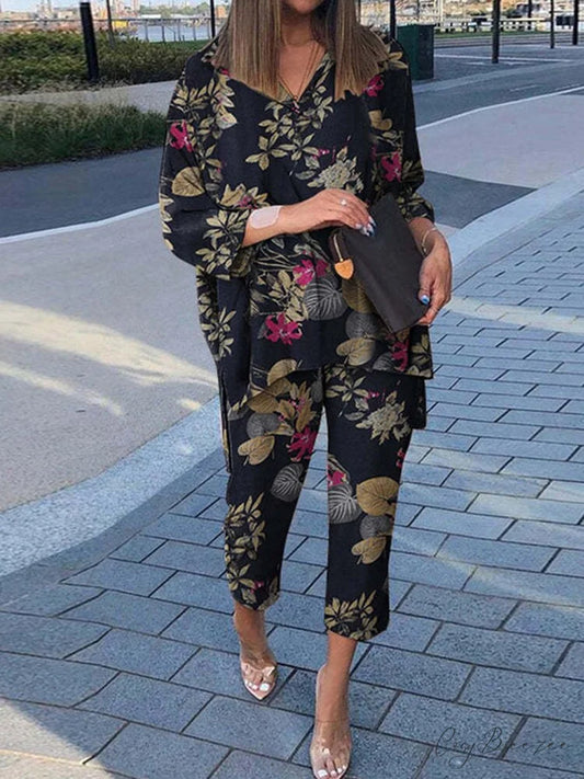Women’s - Set Vintage Arm Long Pants Flowered Warm-Season Design and Blouse Outfit Navy Blue / S