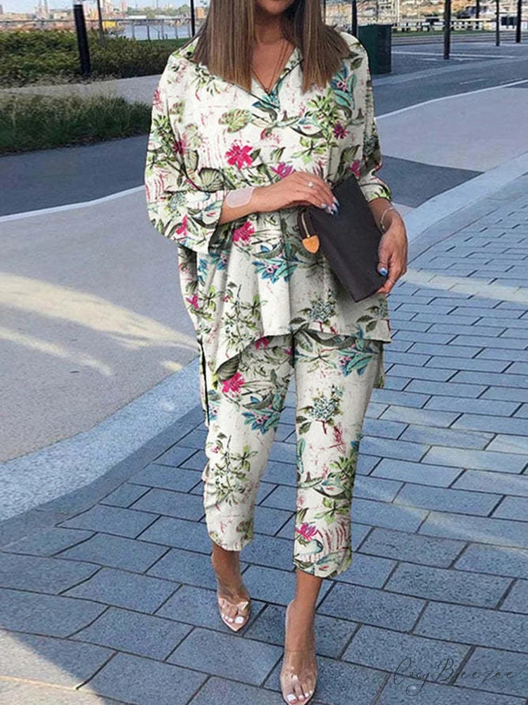 Women’s - Set Vintage Arm Long Pants Flowered Warm-Season Design and Blouse Outfit Purple / S