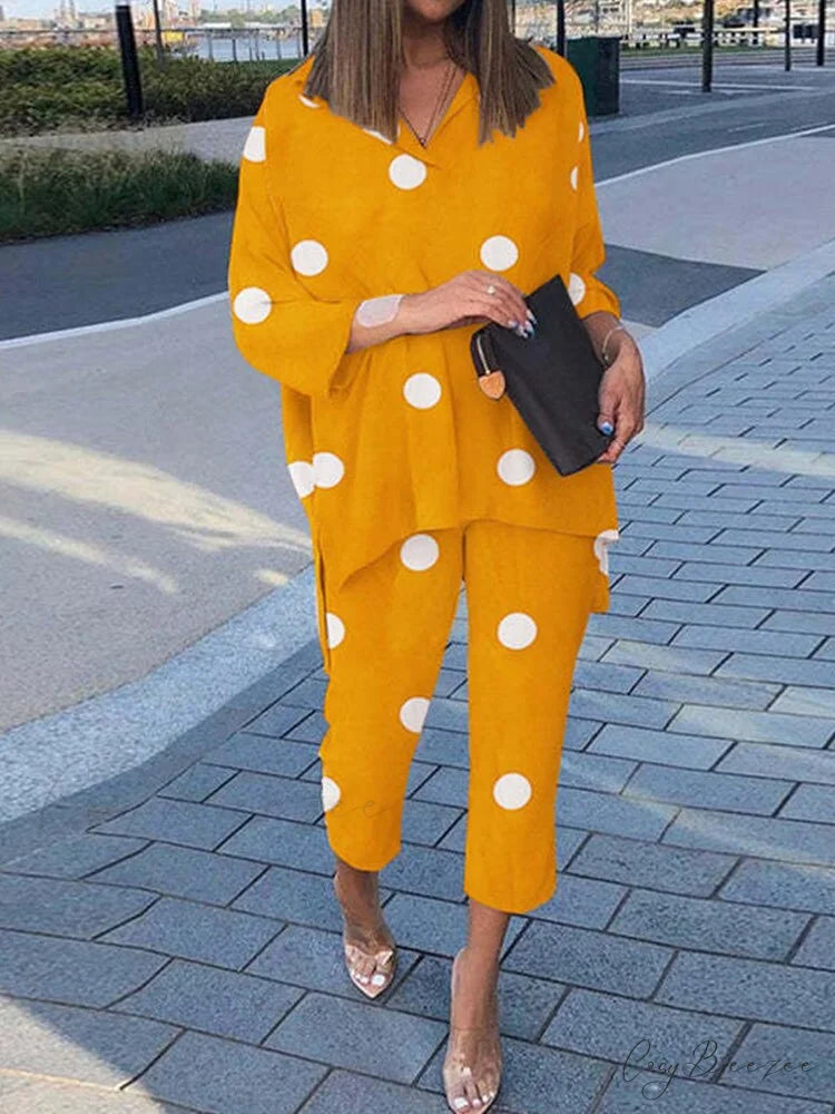 Women’s - Set Vintage Arm Long Pants Flowered Warm-Season Design and Blouse Outfit Yellow / S