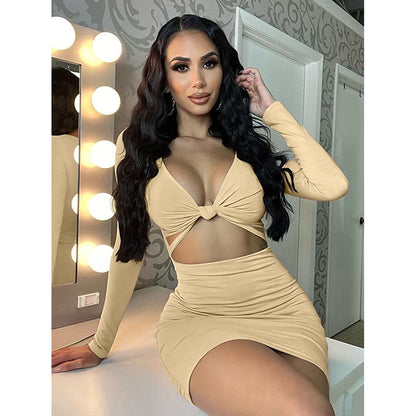 Sexy Bodycon Deep V Neck Long Sleeve Cut Out Club Mini Dress for Women