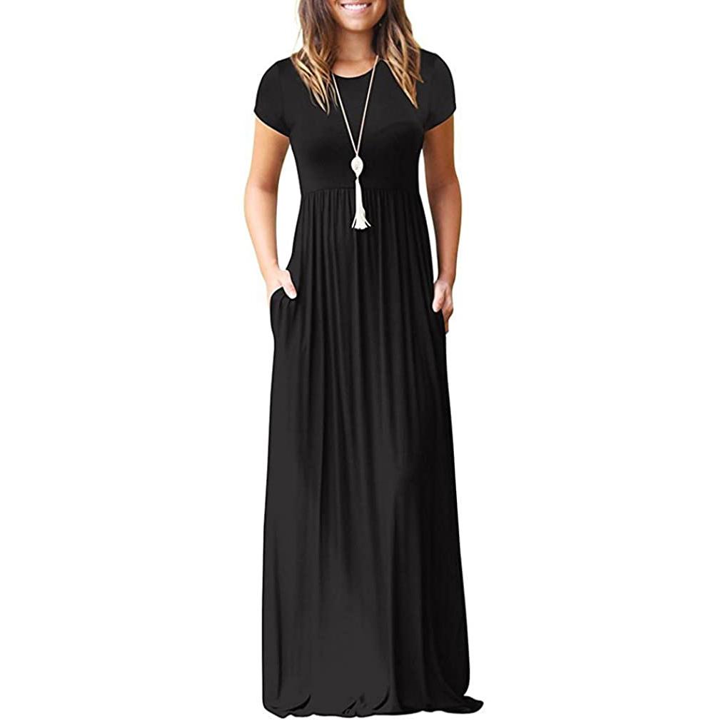 Short Sleeve Loose Casual Long Dress with Pockets for Women