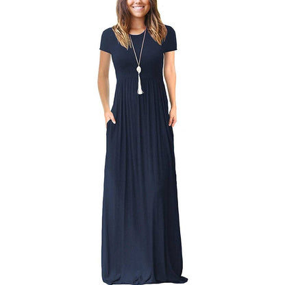 Short Sleeve Loose Casual Long Dress with Pockets for Women