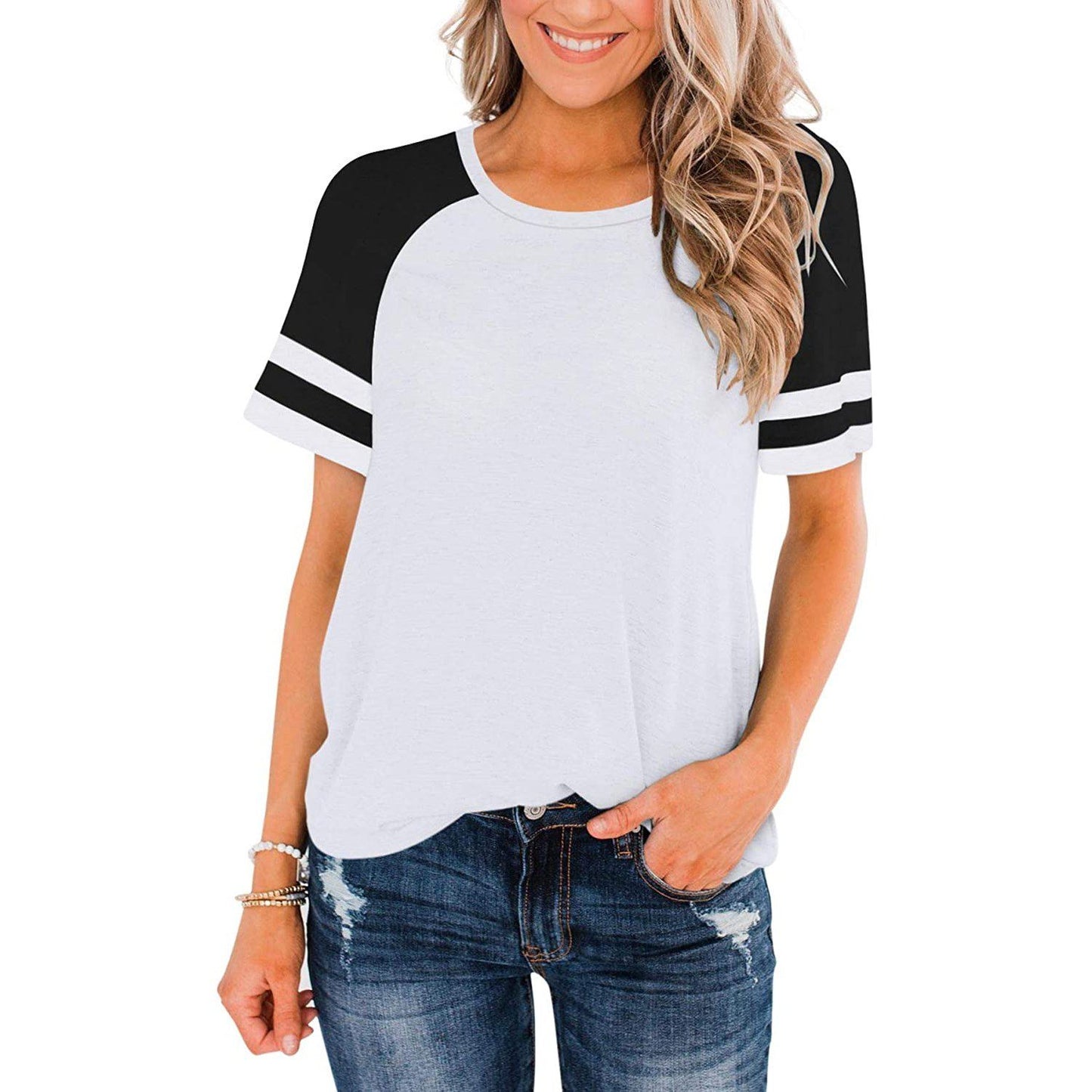 Women's Block Crew Neck Brief Arm Color Shirt