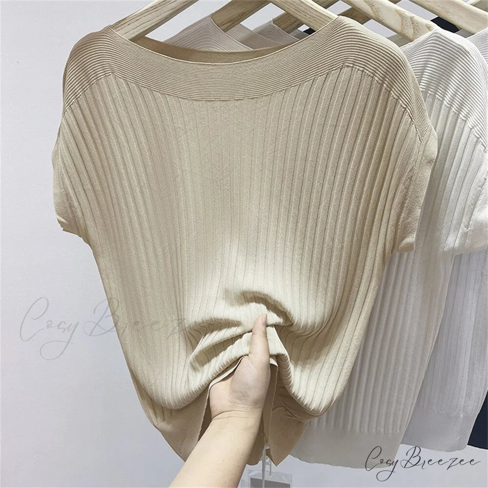 Women’s Short-Sleeved Silk Knitted Bat-Sleeved Sweater Ice Black Top
