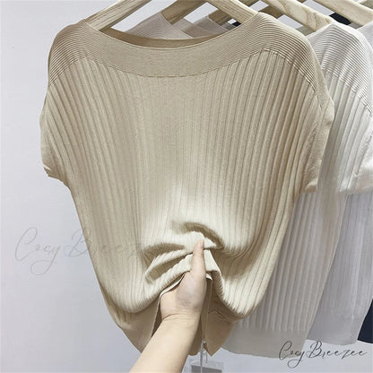 Women’s Short-Sleeved Silk Knitted Bat-Sleeved Sweater Ice Black Top