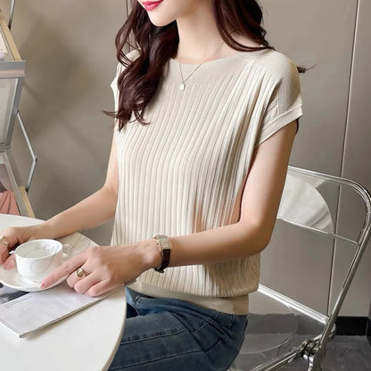 Women’s Short-Sleeved Silk Knitted Bat-Sleeved Sweater Ice Black Top apricot color / S