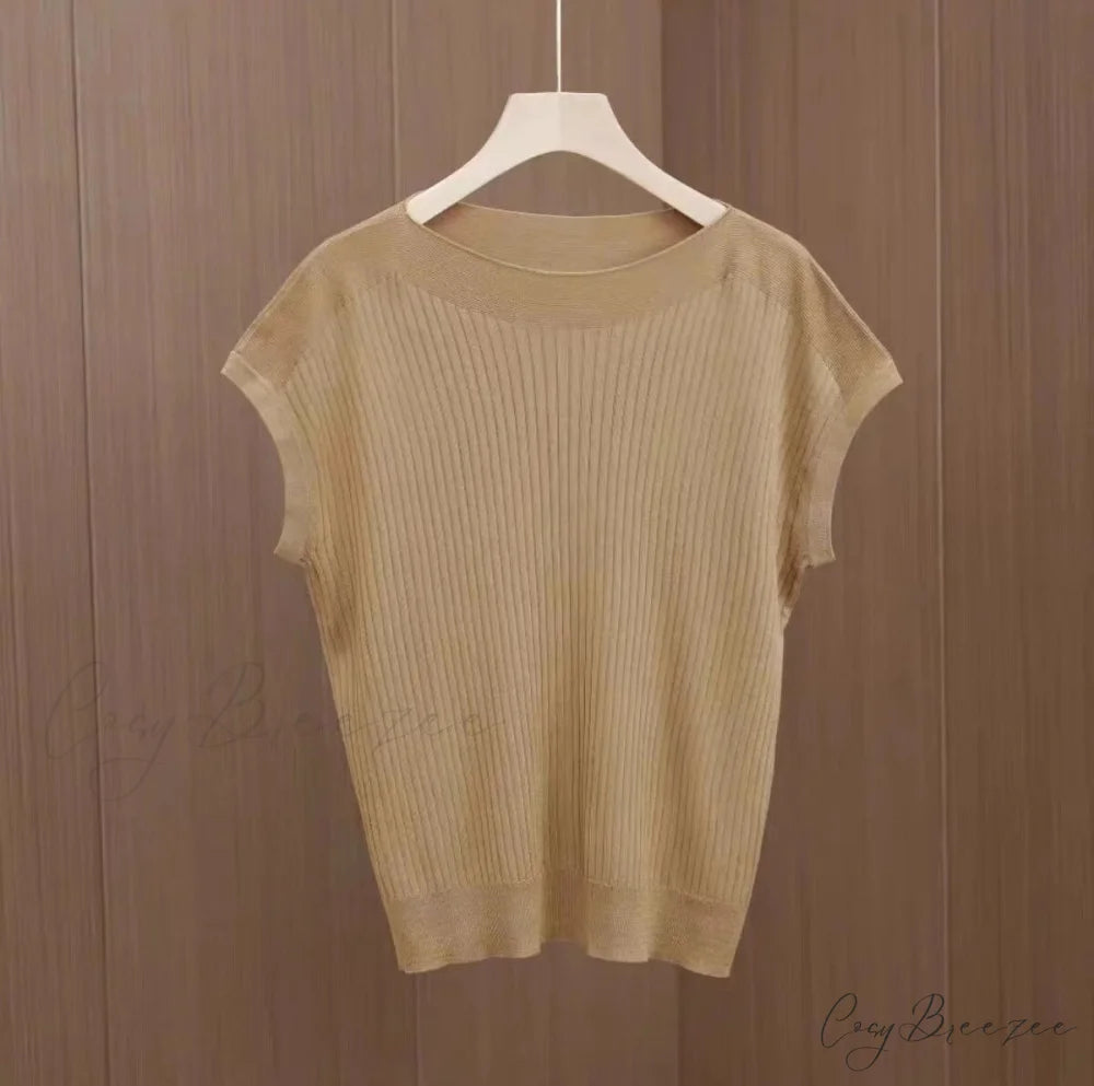 Women’s Short-Sleeved Silk Knitted Bat-Sleeved Sweater Ice Black Top Khaki / S