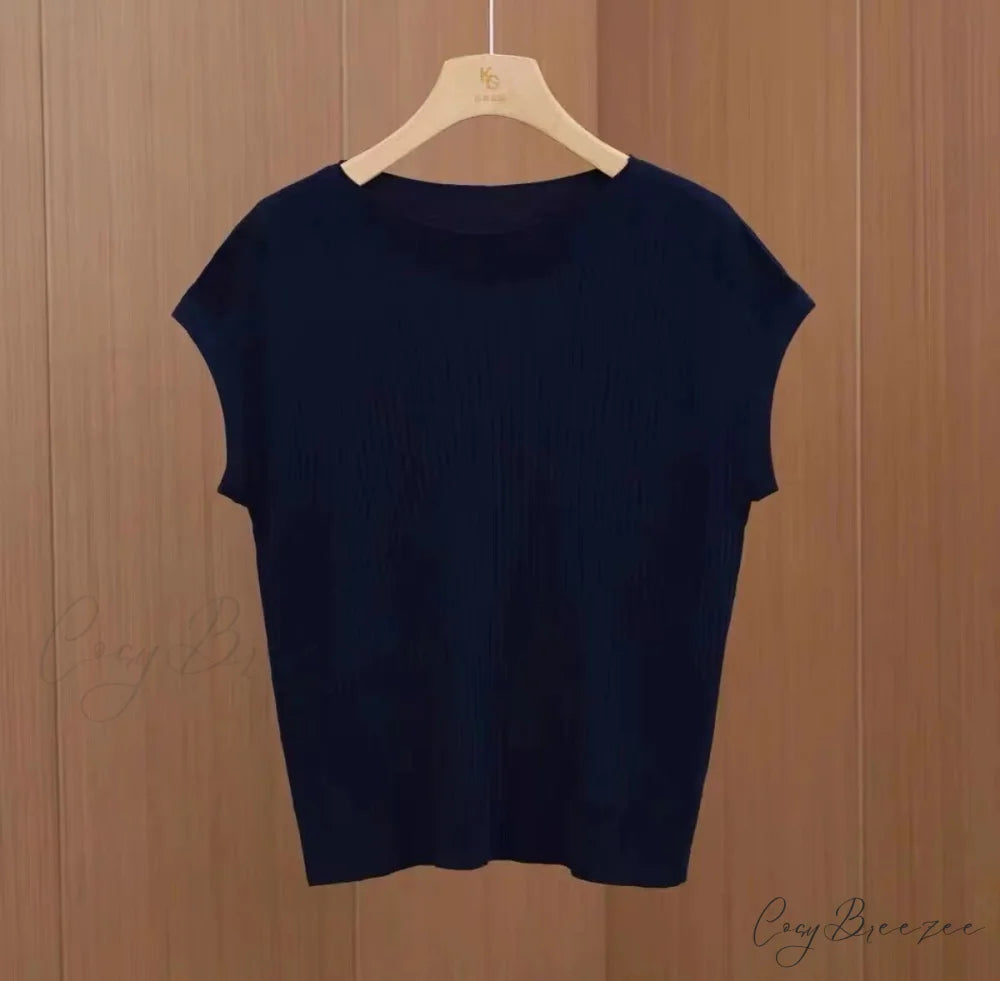 Women’s Short-Sleeved Silk Knitted Bat-Sleeved Sweater Ice Black Top Navy Blue / S