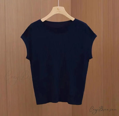 Women’s Short-Sleeved Silk Knitted Bat-Sleeved Sweater Ice Black Top Navy Blue / S