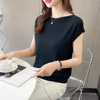 Women’s Short-Sleeved Silk Knitted Bat-Sleeved Sweater Ice Black Top Black / S