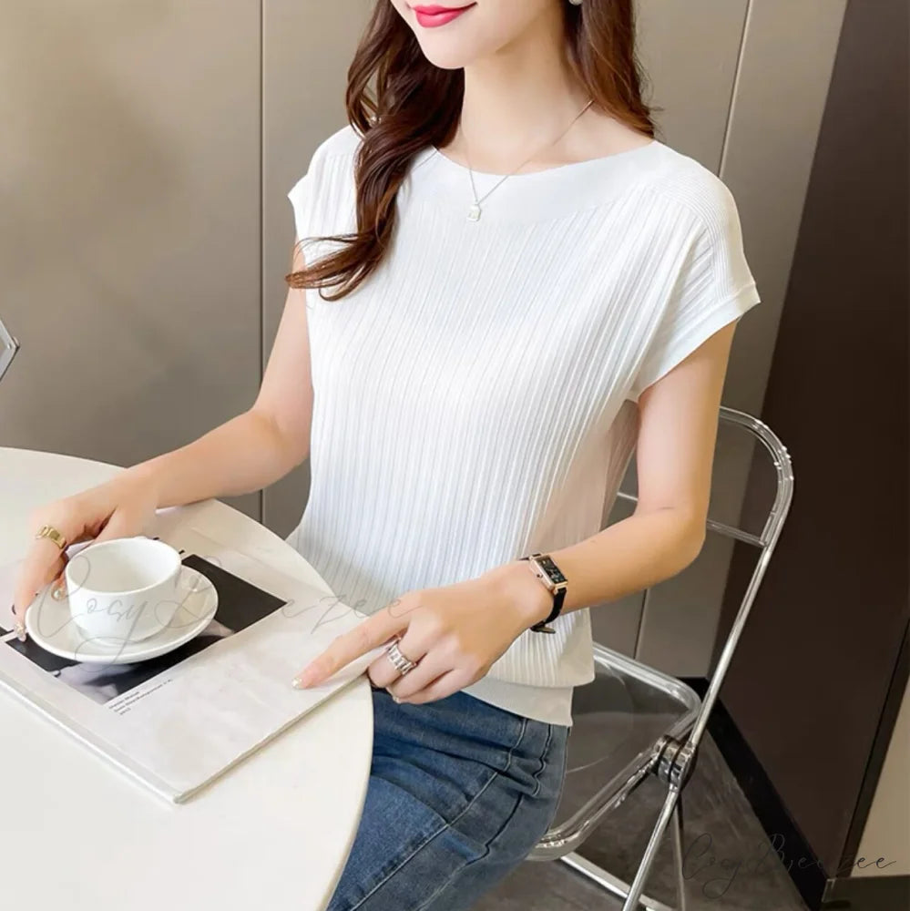 Women’s Short-Sleeved Silk Knitted Bat-Sleeved Sweater Ice Black Top White / S