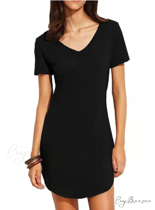 Women’s Short Sleeved V-Neck Solid Loose Dress S / BLACK