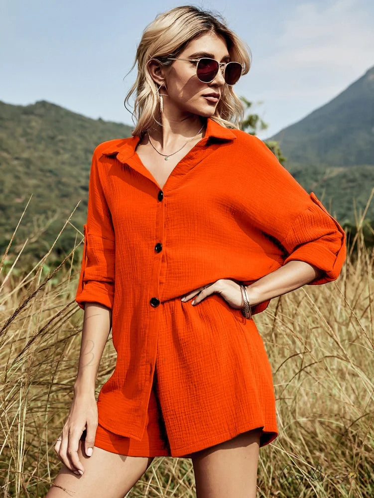 Women’s Shorts and Warm-Season Arm White Two - Long Linen Pieces Button Cotton Sets Coastal Casual Blouse Outfits