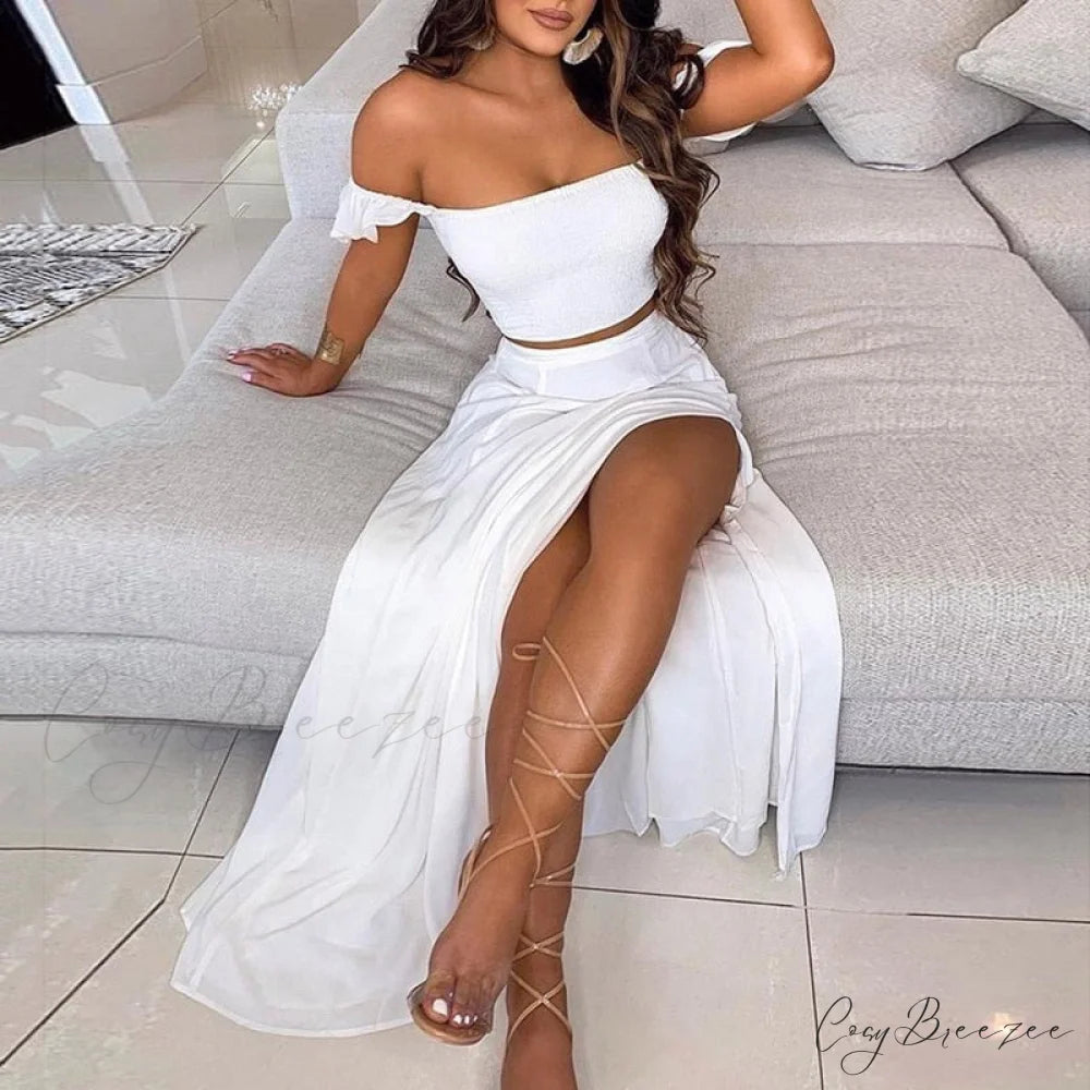 Women’s Slash and - Long Warm-Season Top Slit Piece Spring with Shoulder Neck Set Two Off Flowered Party Gown Design