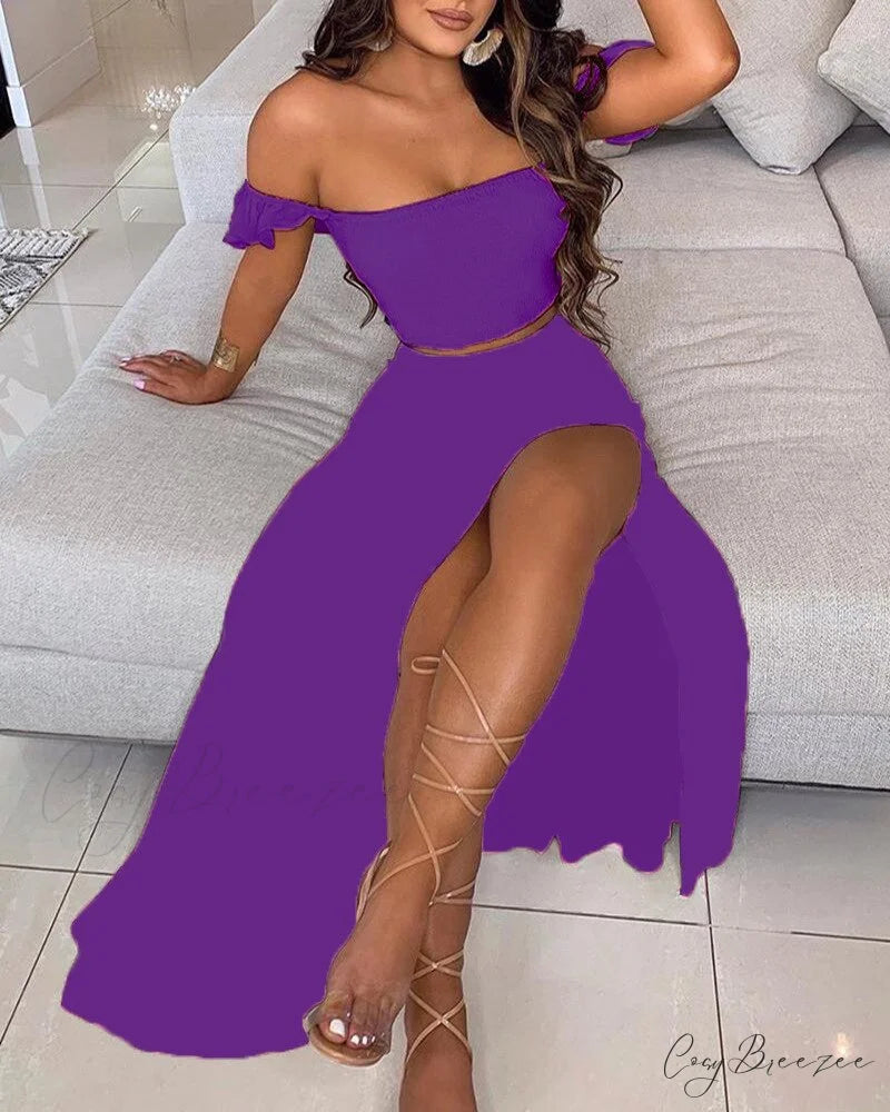 Women’s Slash and - Long Warm-Season Top Slit Piece Spring with Shoulder Neck Set Two Off Flowered Party Gown Design