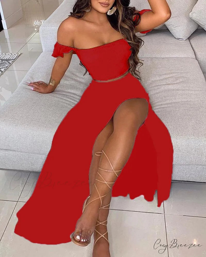 Women’s Slash and - Long Warm-Season Top Slit Piece Spring with Shoulder Neck Set Two Off Flowered Party Gown Design