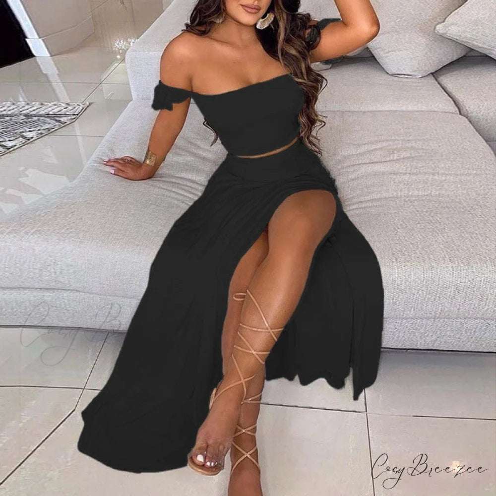 Women’s Slash and - Long Warm-Season Top Slit Piece Spring with Shoulder Neck Set Two Off Flowered Party Gown Design