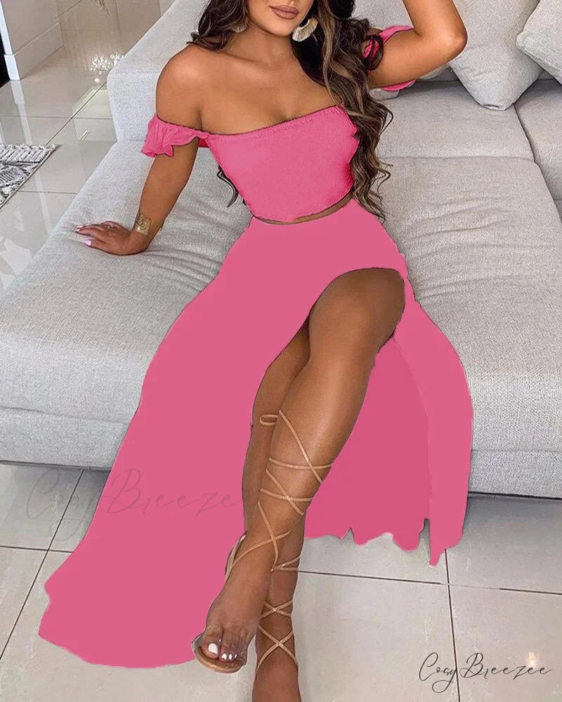 Women’s Slash and - Long Warm-Season Top Slit Piece Spring with Shoulder Neck Set Two Off Flowered Party Gown Design