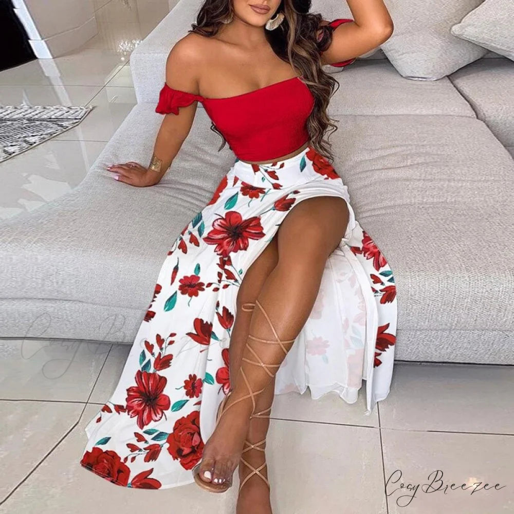Women’s Slash and - Long Warm-Season Top Slit Piece Spring with Shoulder Neck Set Two Off Flowered Party Gown Design