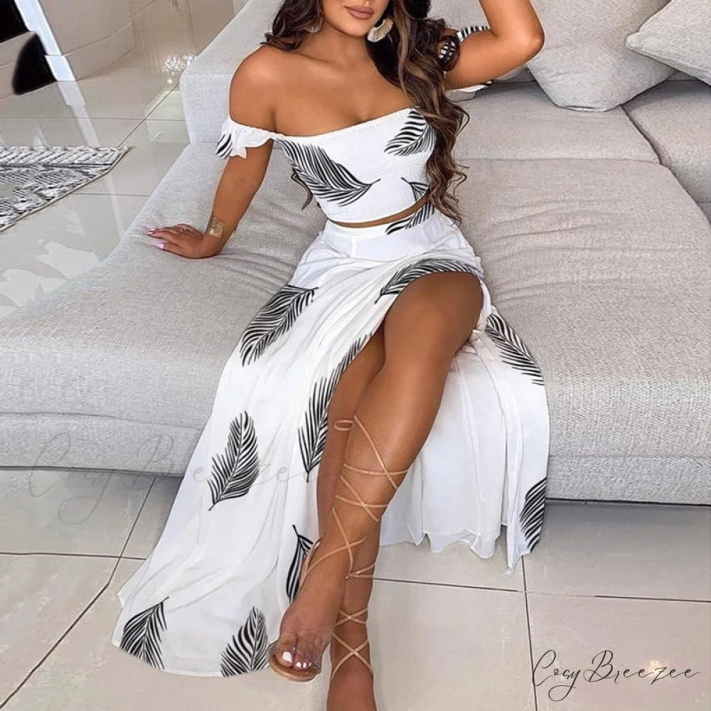 Women’s Slash and - Long Warm-Season Top Slit Piece Spring with Shoulder Neck Set Two Off Flowered Party Gown Design