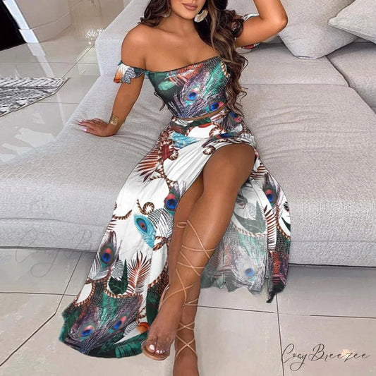 Women’s Slash and - Long Warm-Season Top Slit Piece Spring with Shoulder Neck Set Two Off Flowered Party Gown Design