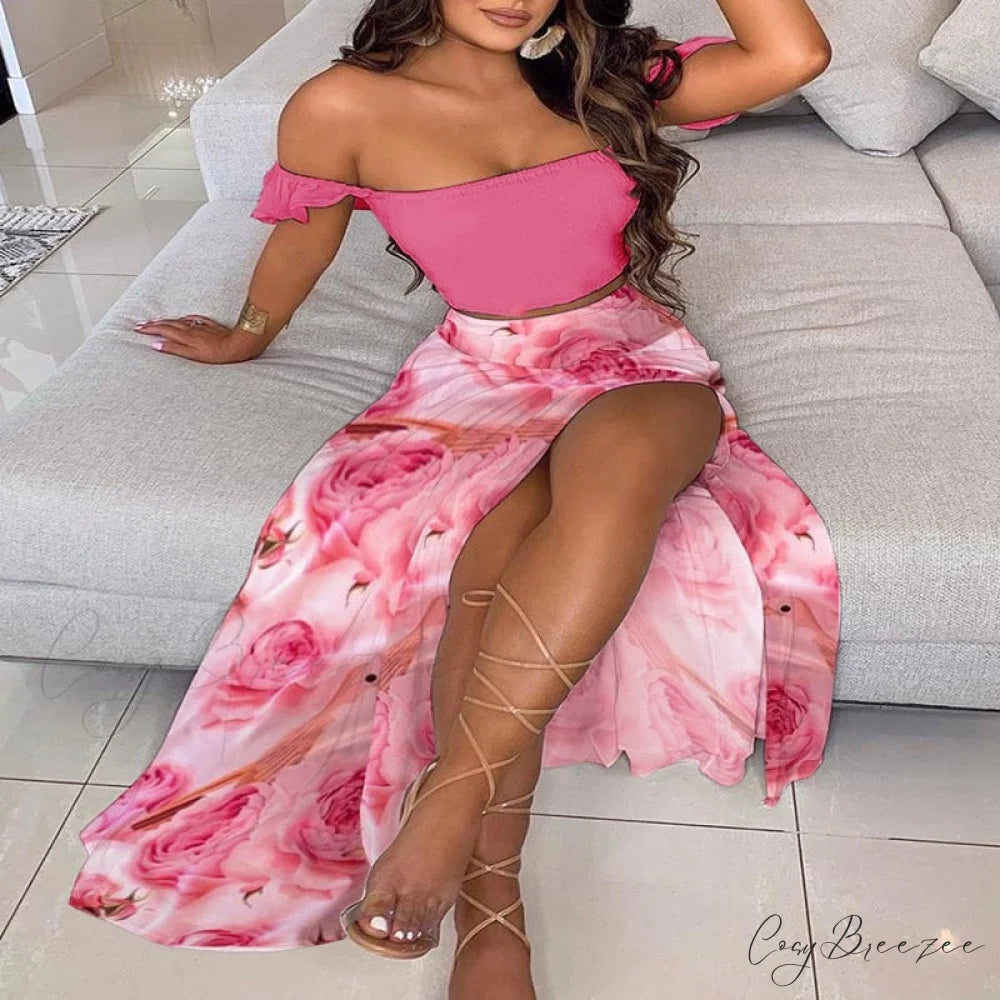 Women’s Slash and - Long Warm-Season Top Slit Piece Spring with Shoulder Neck Set Two Off Flowered Party Gown Design