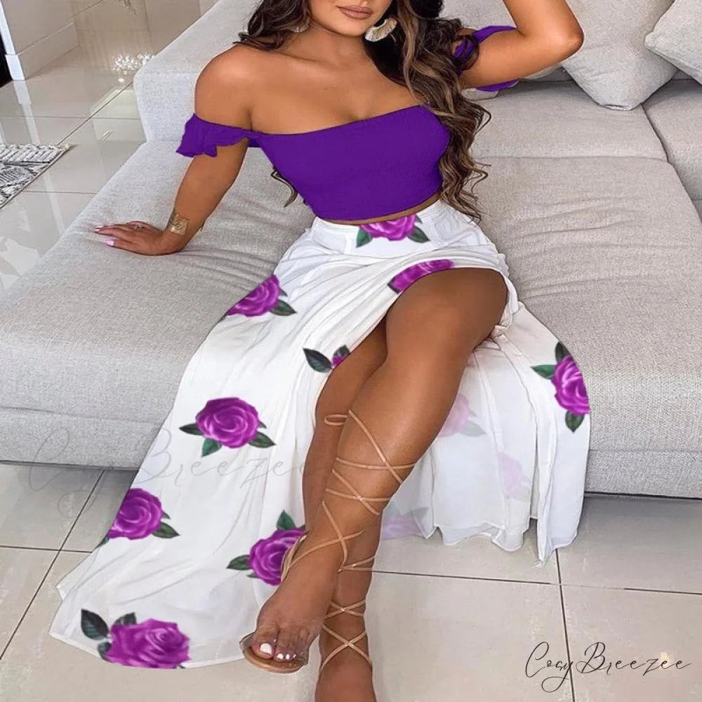 Women’s Slash and - Long Warm-Season Top Slit Piece Spring with Shoulder Neck Set Two Off Flowered Party Gown Design