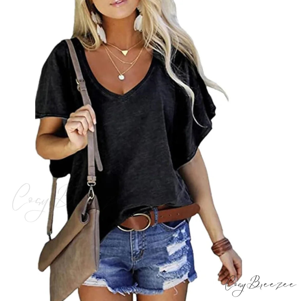 Women’s Solid V-Neck Casual Top Black / S