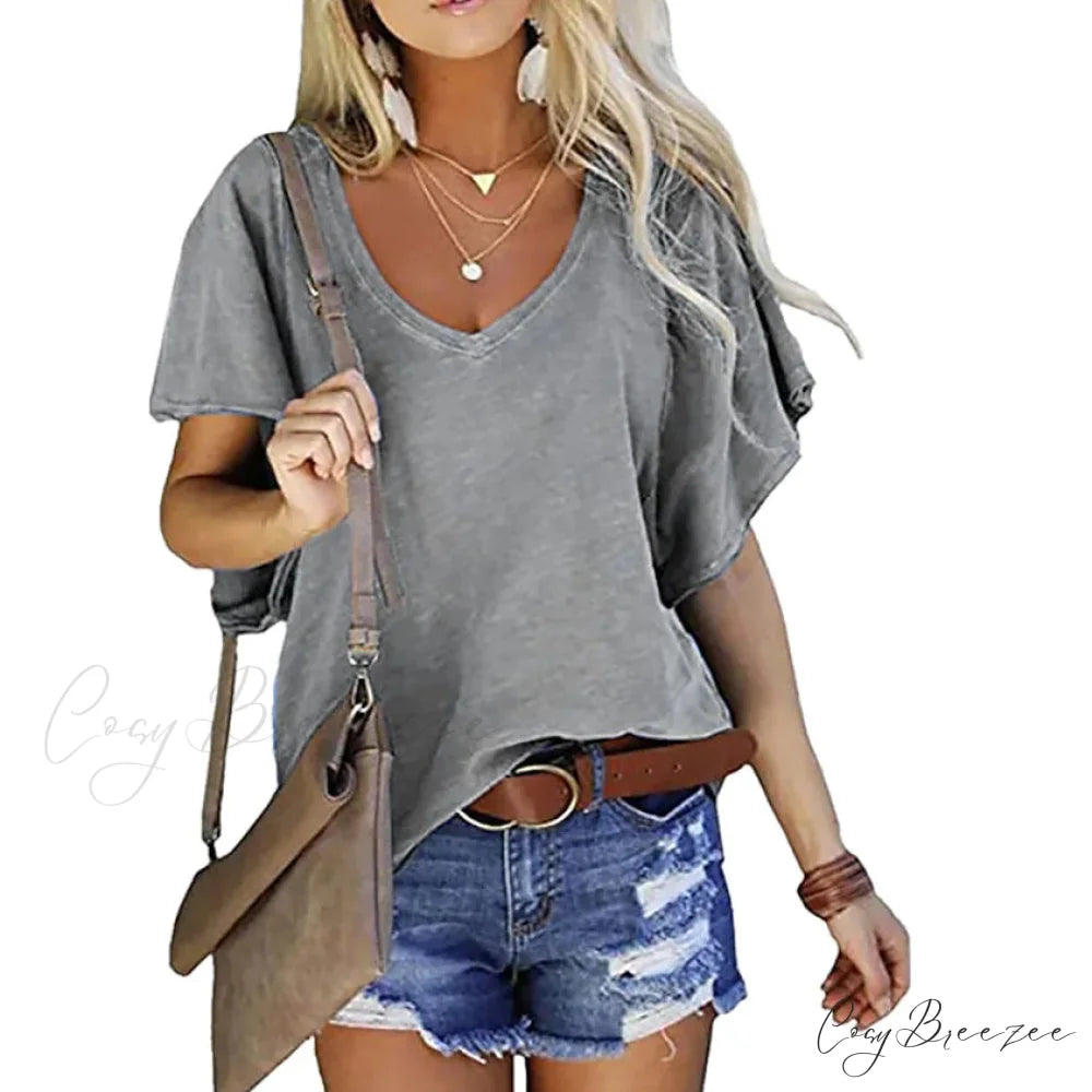 Women’s Solid V-Neck Casual Top Gray / S