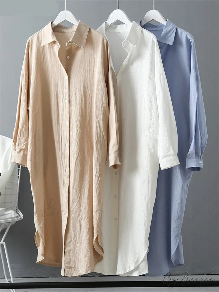 Women’s Spring/Autumn Arm - Fit Blouse Loose Casual Gown with Long Buttons