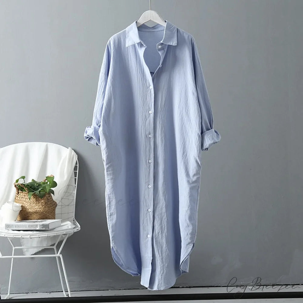 Women’s Spring/Autumn Arm - Fit Blouse Loose Casual Gown with Long Buttons Blue / S