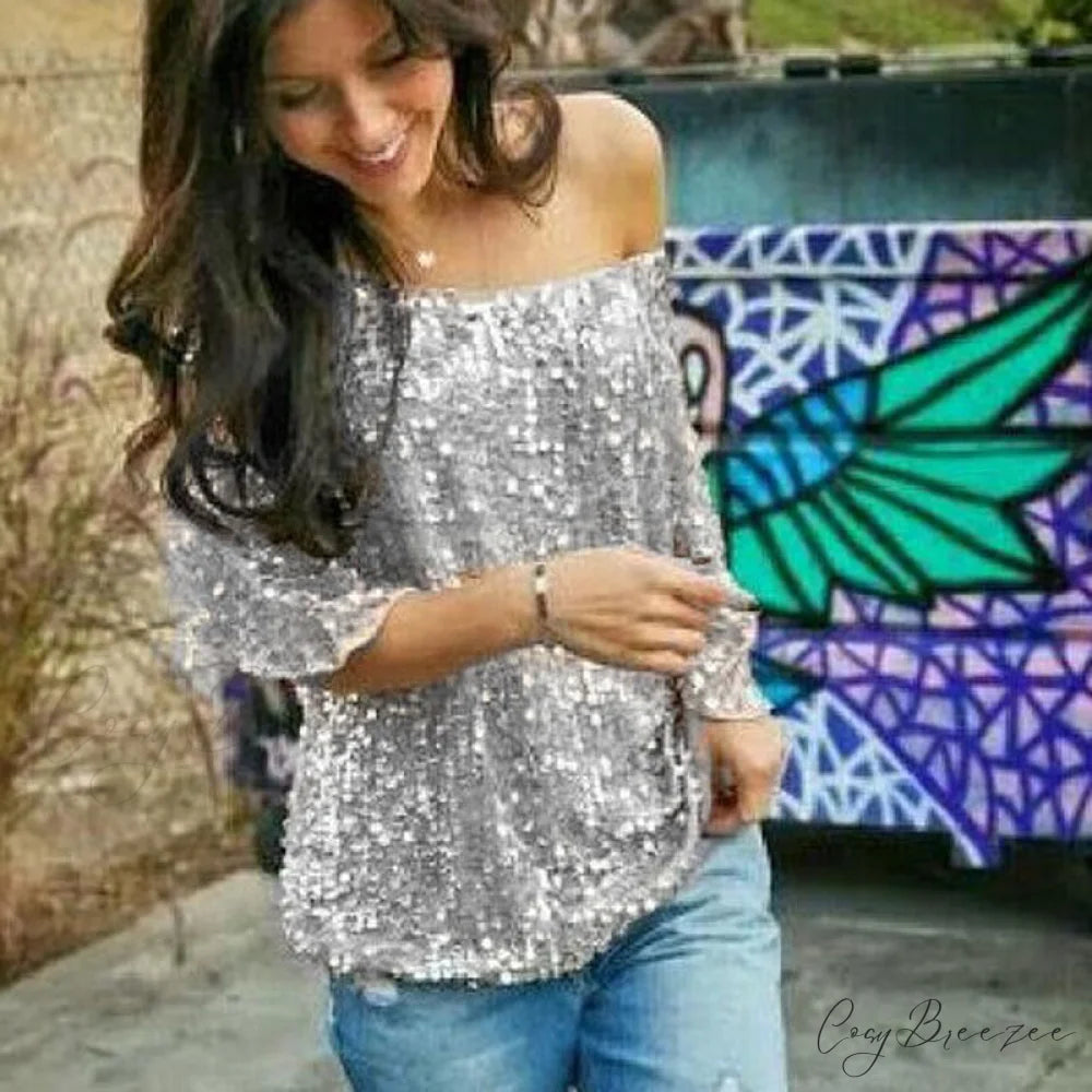 Women’s - Spring/Autumn Off-Shoulder - Long Sequin Arm T-Shirt Fit Shining Loose Top