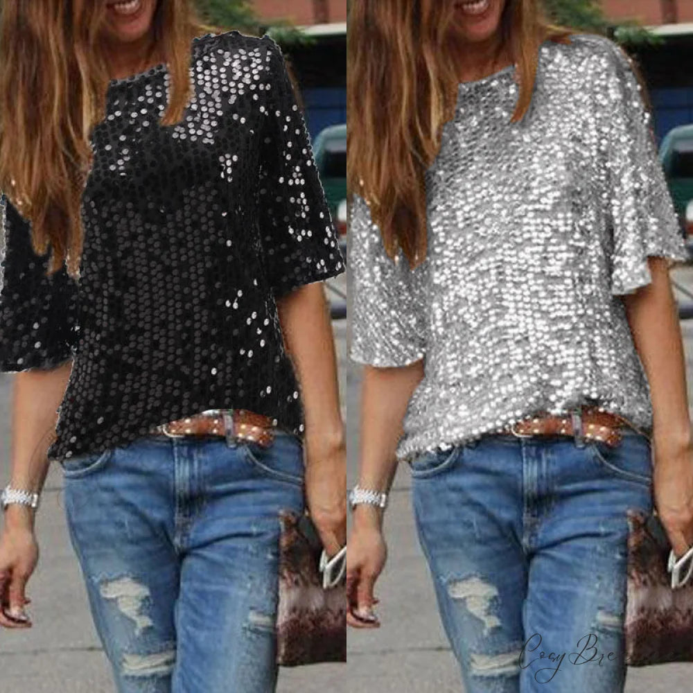 Women’s - Spring/Autumn Off-Shoulder - Long Sequin Arm T-Shirt Fit Shining Loose Top