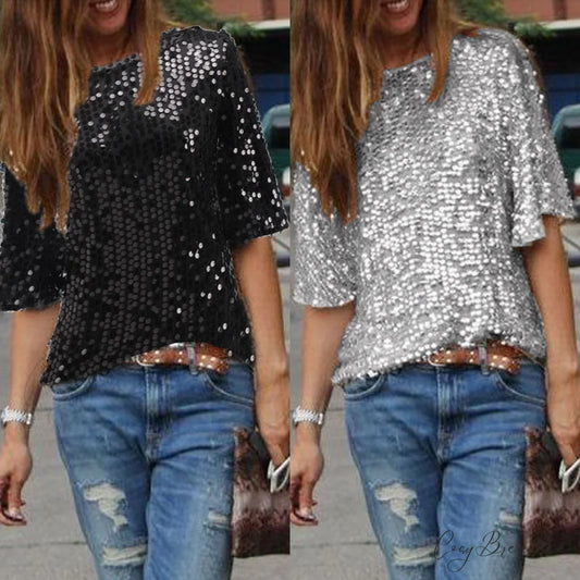 Women’s - Spring/Autumn Off-Shoulder - Long Sequin Arm T-Shirt Fit Shining Loose Top