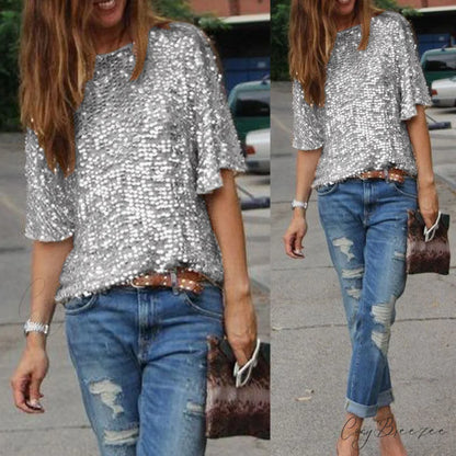 Women’s - Spring/Autumn Off-Shoulder - Long Sequin Arm T-Shirt Fit Shining Loose Top