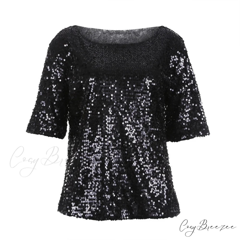 Women’s - Spring/Autumn Off-Shoulder - Long Sequin Arm T-Shirt Fit Shining Loose Top Black / S