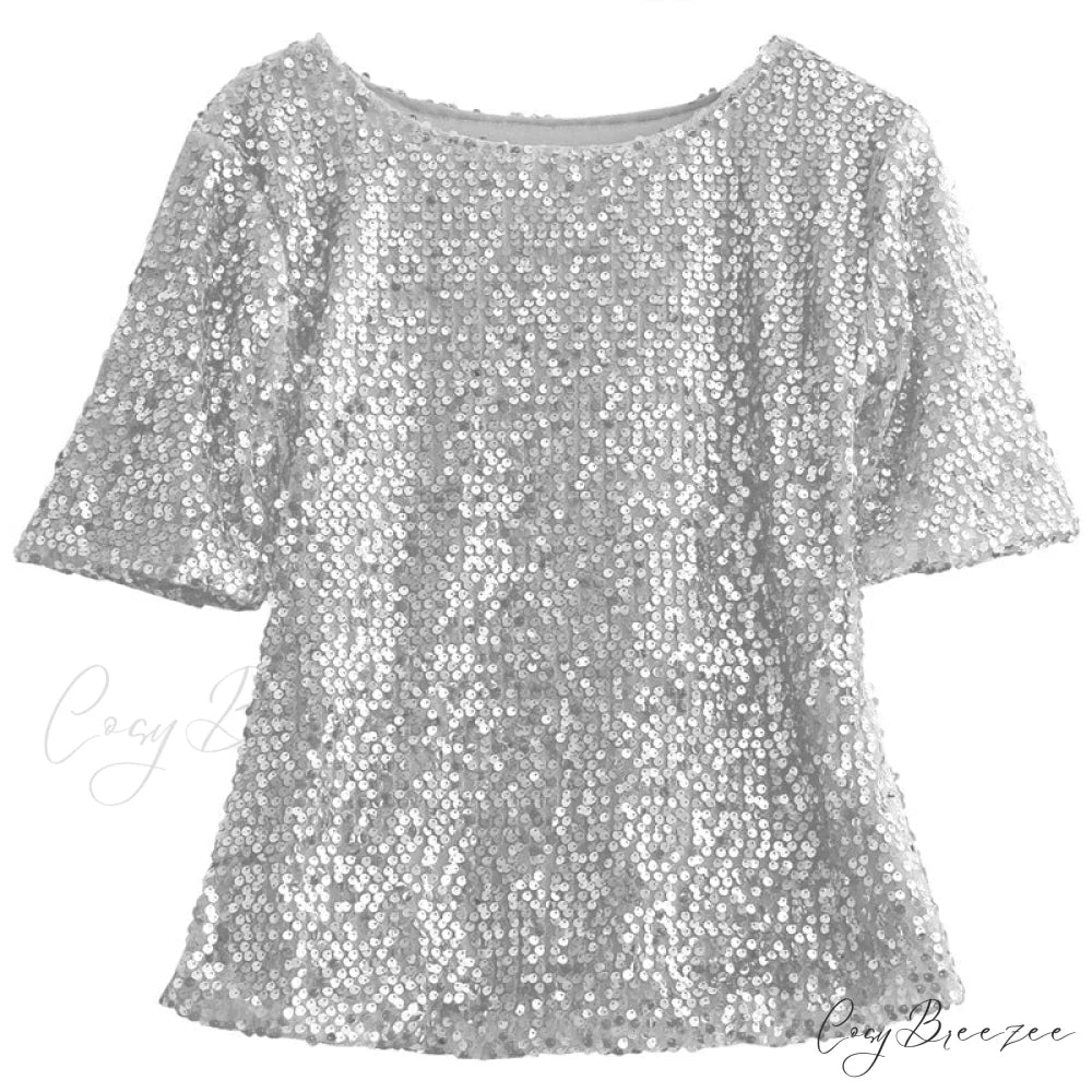 Women’s - Spring/Autumn Off-Shoulder - Long Sequin Arm T-Shirt Fit Shining Loose Top Silver / S