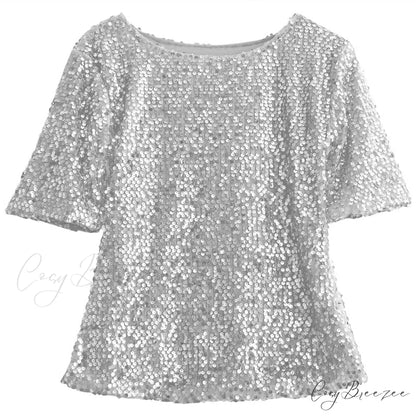 Women’s - Spring/Autumn Off-Shoulder - Long Sequin Arm T-Shirt Fit Shining Loose Top Silver / S