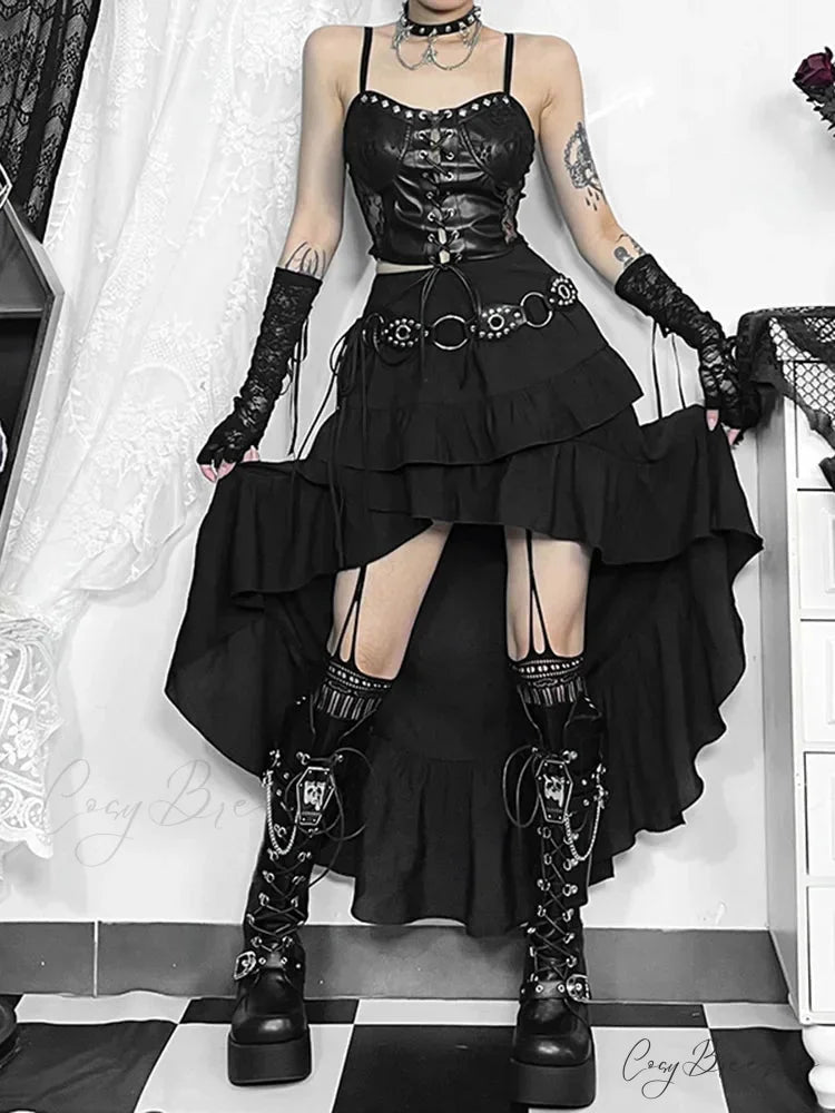 Women’s SteamRetro Gothic Pleated Asymmetric Hi-Low Lace Party Irregular Victorian High-Low Bustle Skirt