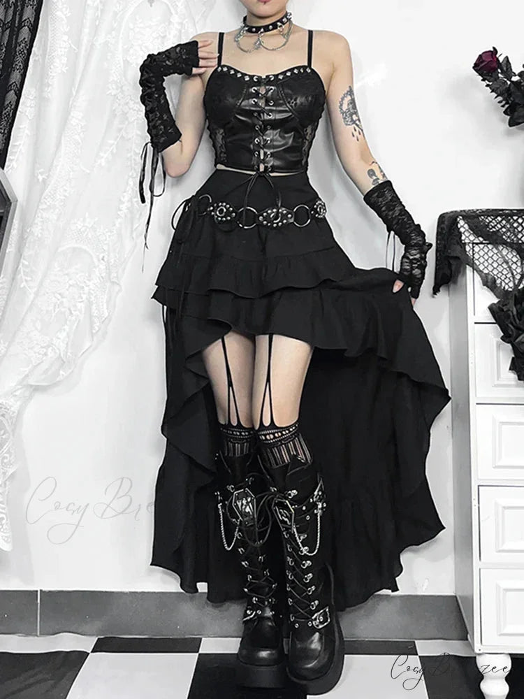 Women’s SteamRetro Gothic Pleated Asymmetric Hi-Low Lace Party Irregular Victorian High-Low Bustle Skirt