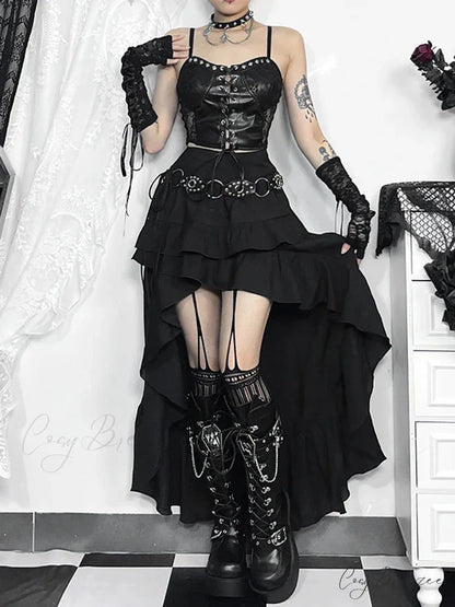 Women’s SteamRetro Gothic Pleated Asymmetric Hi-Low Lace Party Irregular Victorian High-Low Bustle Skirt