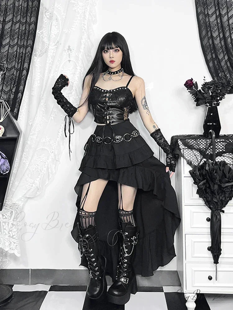 Women’s SteamRetro Gothic Pleated Asymmetric Hi-Low Lace Party Irregular Victorian High-Low Bustle Skirt Black / S