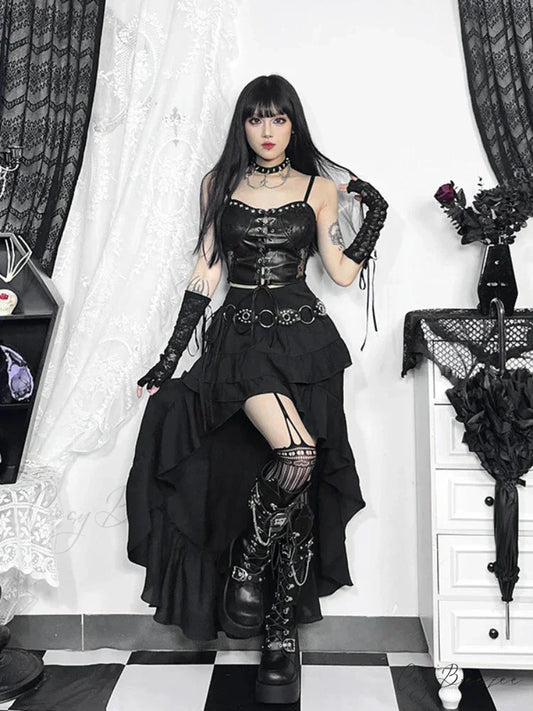 Women’s SteamRetro Gothic Pleated Asymmetric Hi-Low Lace Party Irregular Victorian High-Low Skirt