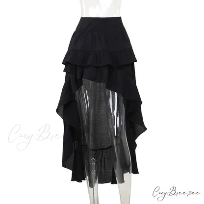 Women’s SteamRetro Gothic Pleated Asymmetric Hi-Low Lace Party Irregular Victorian High-Low Skirt Black / S