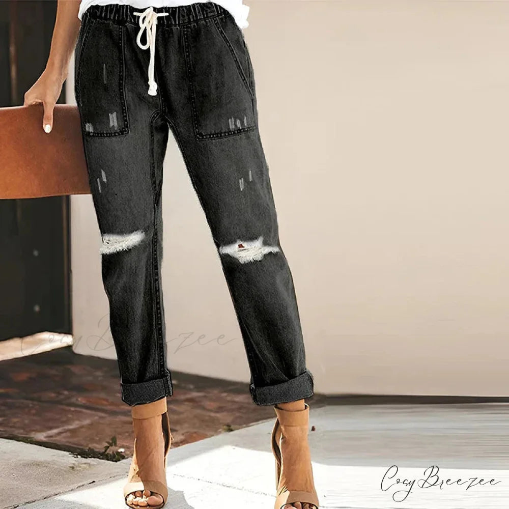 Women’s Streetwear Ripped Vintage Casual Fashion Drawstring Elastic Waist High Elastic Baggy Jean Black / S