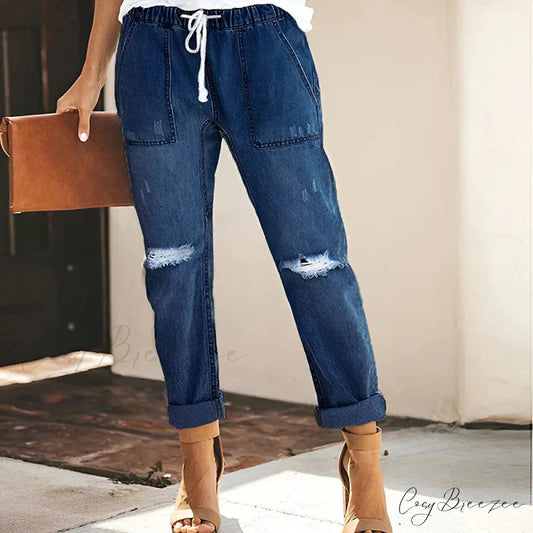 Women’s Streetwear Ripped Vintage Casual Fashion Drawstring Elastic Waist High Elastic Baggy Jean Dark Blue / S